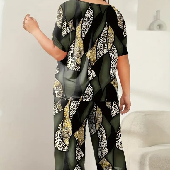 3X 4X 5X PLUS SIZE Leopard & Paisley Short Sleeve Colorblock Loungewear Set - Picture 3 of 5